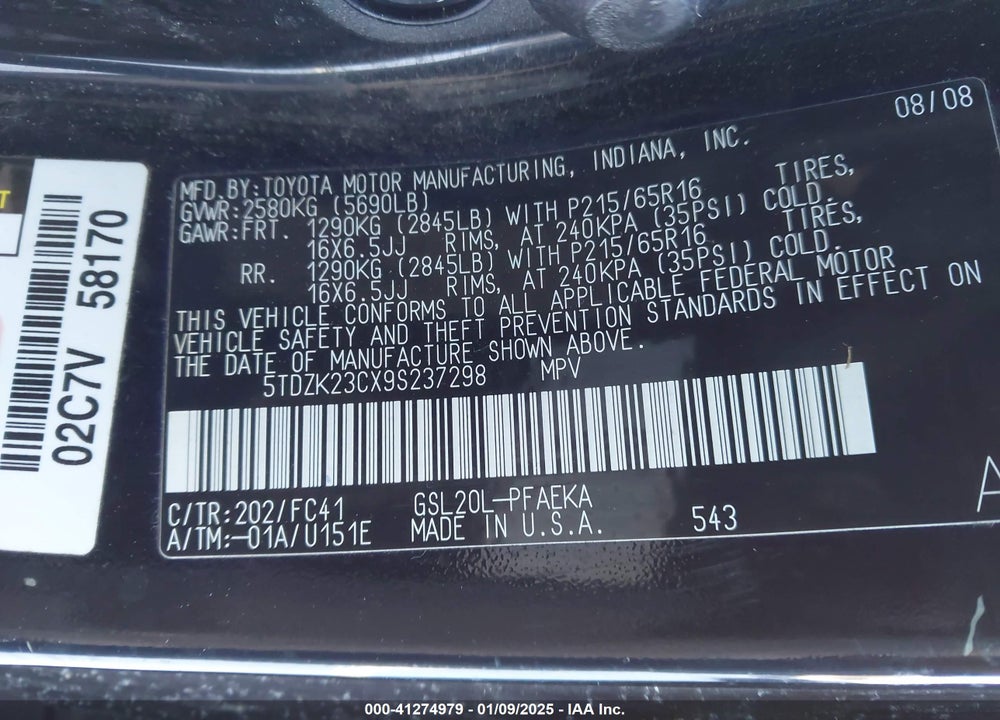 2009 TOYOTA SIENNA LE VIN: 5TDZK23CX9S237298