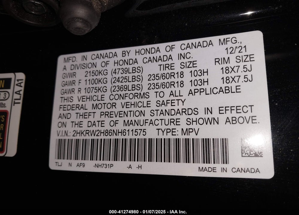 2022 HONDA CR-V AWD EX-L VIN: 2HKRW2H86NH611575