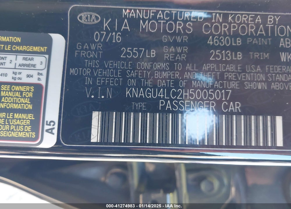 2017 KIA OPTIMA VIN: KNAGU4LC2H5005017