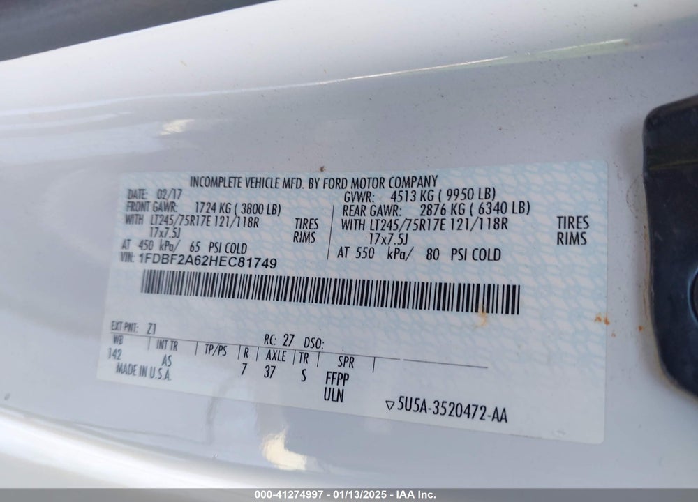 2017 FORD F-250 XL VIN: 1FDBF2A62HEC81749