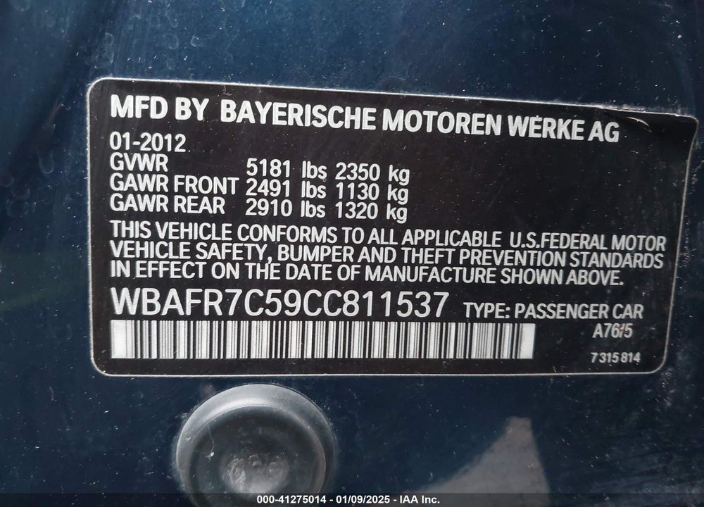 2012 BMW 535I VIN: WBAFR7C59CC811537