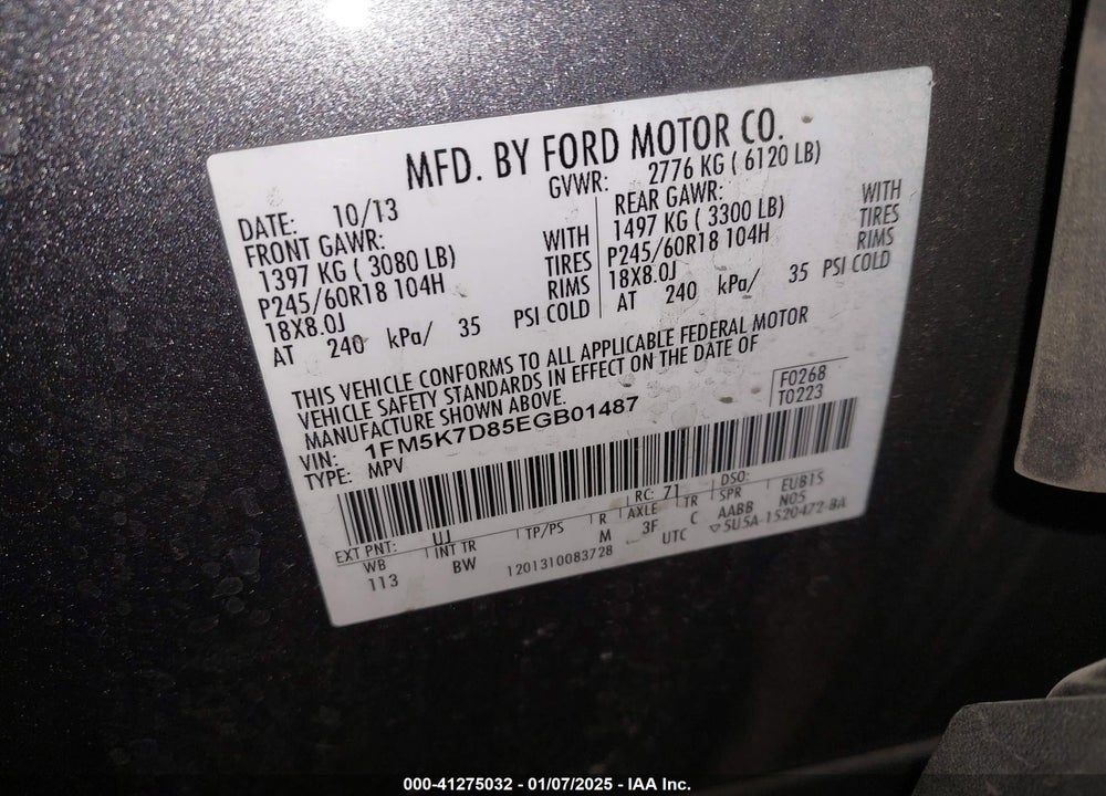 2014 FORD EXPLORER XLT VIN: 1FM5K7D85EGB01487