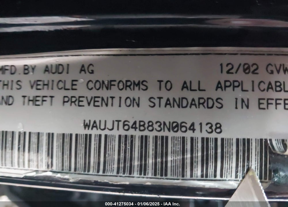 2003 AUDI A6 3.0 VIN: WAUJT64B83N064138