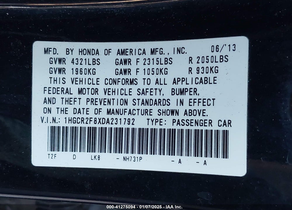 2013 HONDA ACCORD EX-L VIN: 1HGCR2F8XDA231792