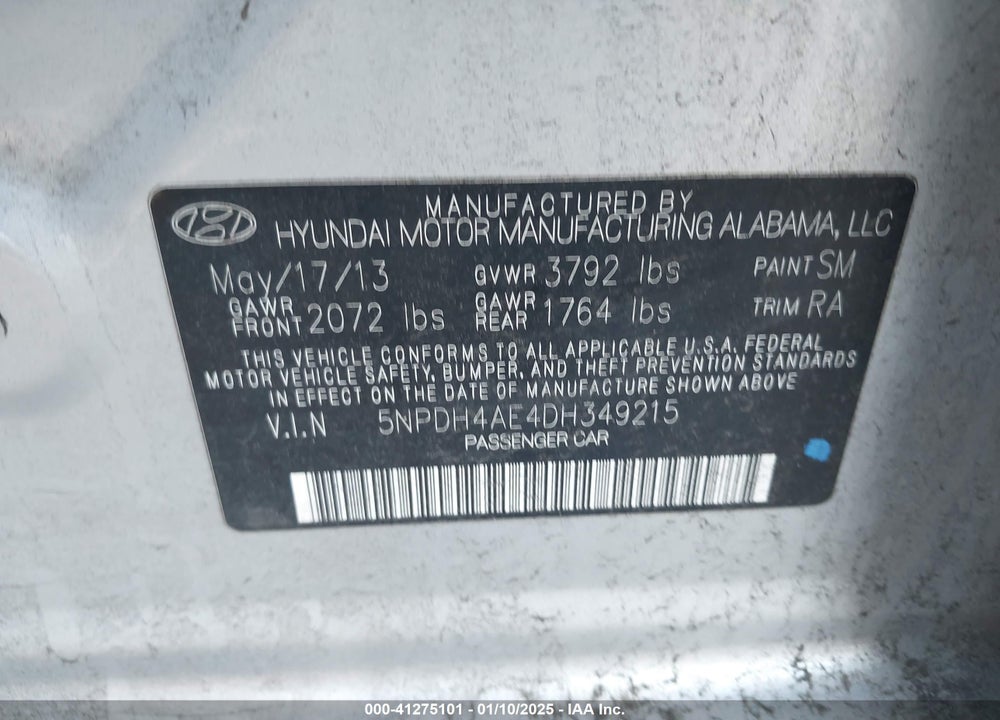 2013 HYUNDAI ELANTRA VIN: 5NPDH4AE4DH349215