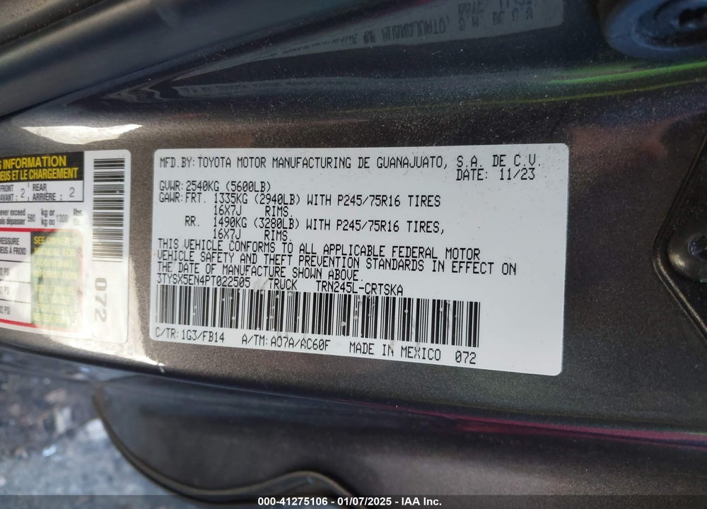 2023 TOYOTA TACOMA VIN: 3TYSX5EN4PT022505