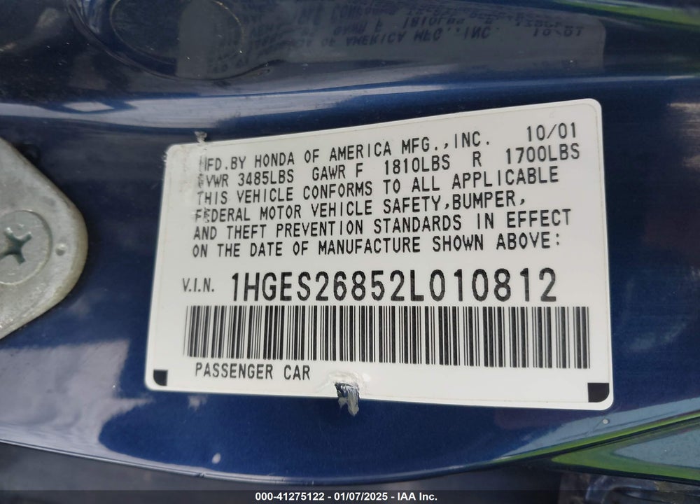 2002 HONDA CIVIC EX VIN: 1HGES26852L010812