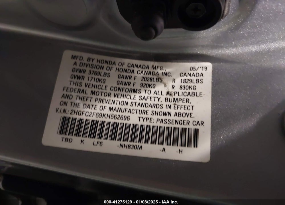 2019 HONDA CIVIC VIN: 2HGFC2F69KH562696
