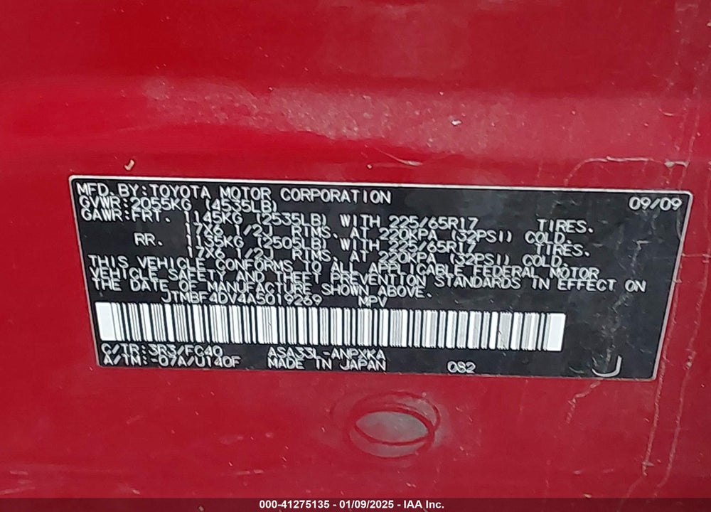 2010 TOYOTA RAV4 VIN: JTMBF4DV4A5019269