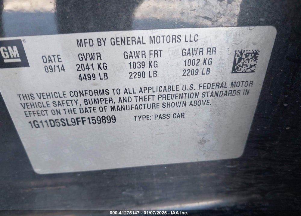 2015 CHEVROLET MALIBU VIN: 1G11D5SL9FF159899