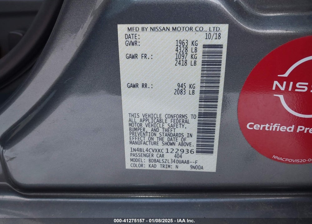 2019 NISSAN ALTIMA VIN: 1N4BL4CVXKC122936