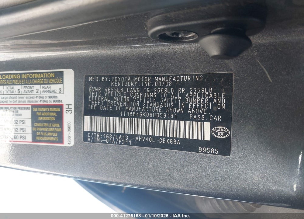 2008 TOYOTA CAMRY HYBRID VIN: 4T1BB46K08U059181