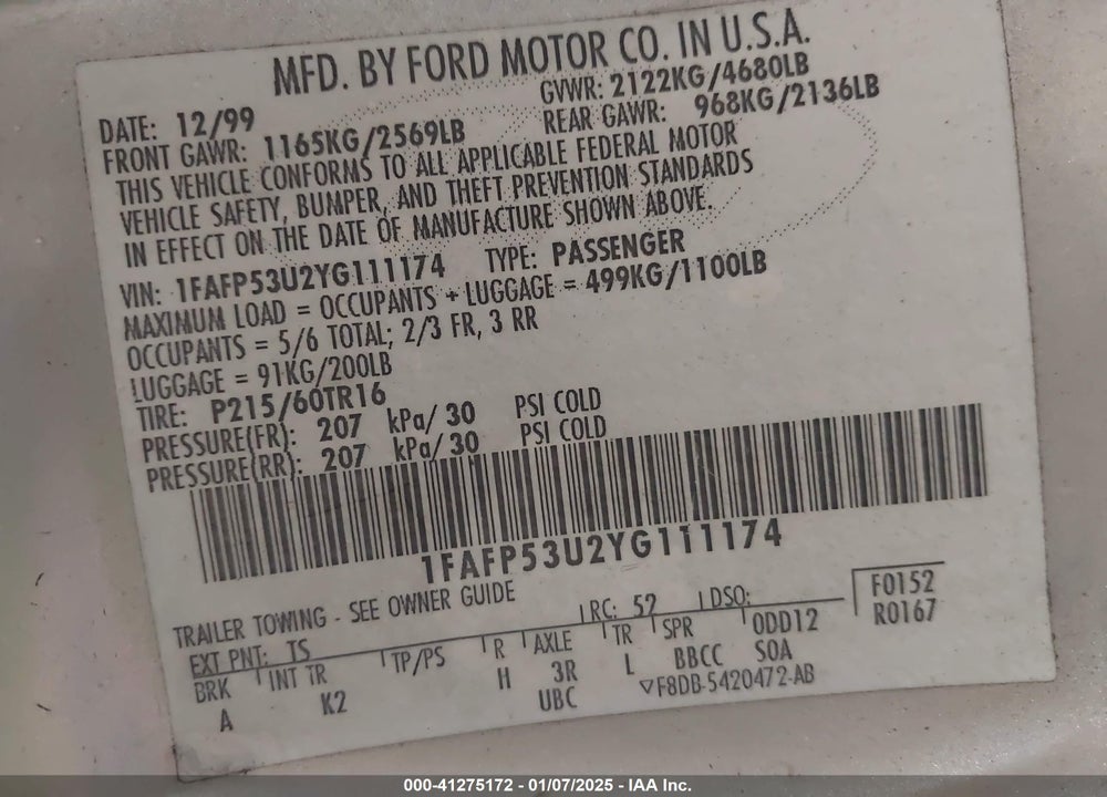 2000 FORD TAURUS SE VIN: 1FAFP53U2YG111174