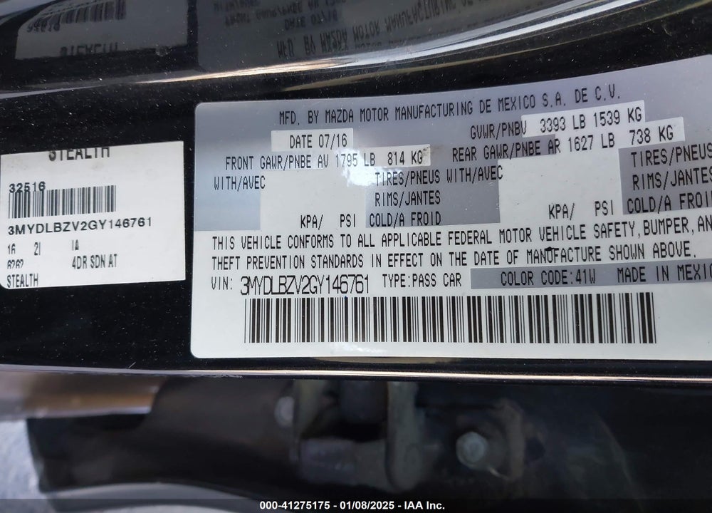 2016 SCION IA VIN: 3MYDLBZV2GY146761