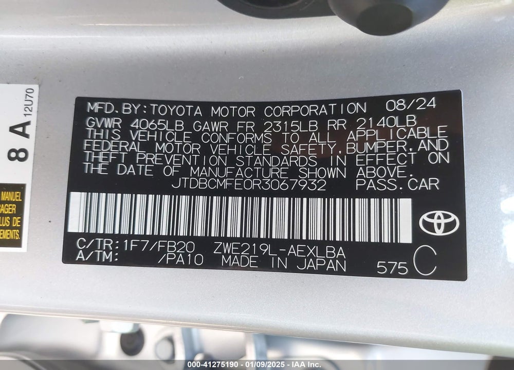 2024 TOYOTA COROLLA HYBRID LE VIN: JTDBCMFE0R3067932