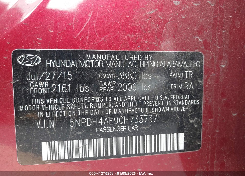 2016 HYUNDAI ELANTRA VIN: 5NPDH4AE9GH733737