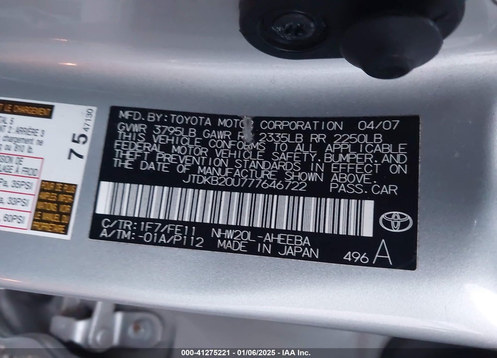 2007 TOYOTA PRIUS VIN: JTDKB20U777646722