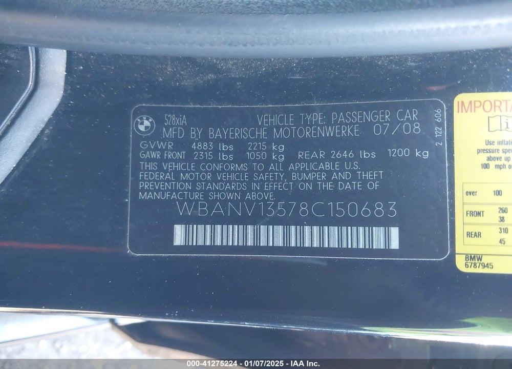 2008 BMW 528XI VIN: WBANV13578C150683