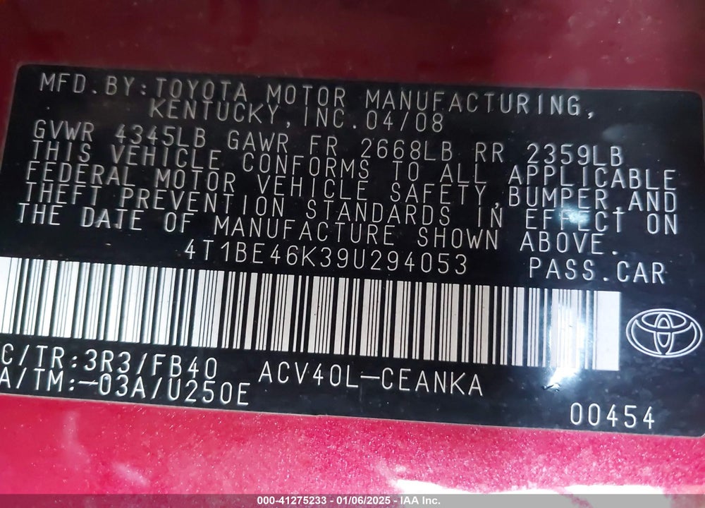 2009 TOYOTA CAMRY LE VIN: 4T1BE46K39U294053