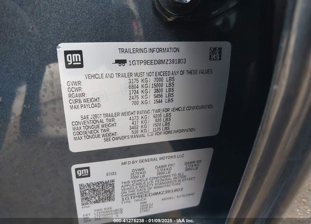 2021 GMC SIERRA 1500 4WD SHORT BOX AT4 VIN: 1GTP9EED8MZ391803