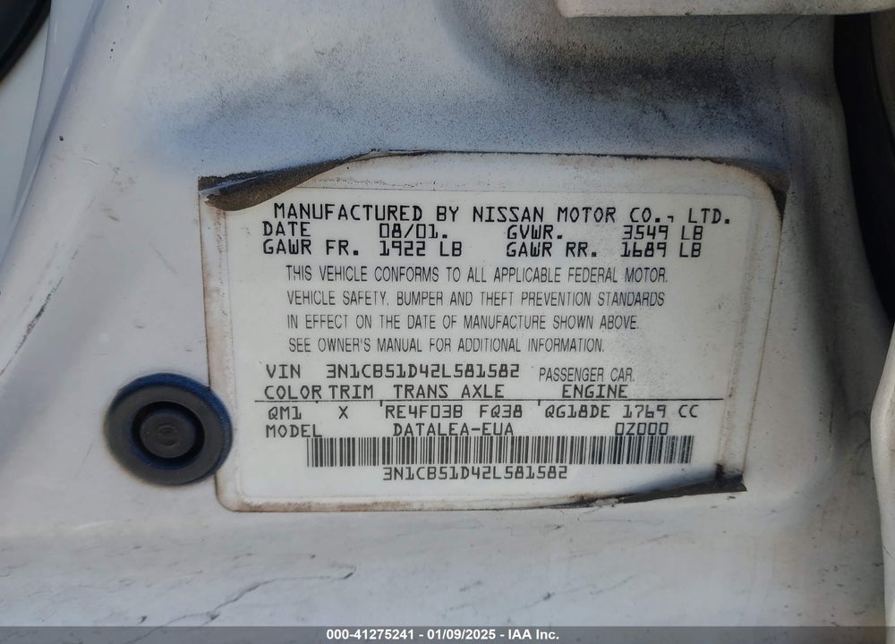 2002 NISSAN SENTRA GXE VIN: 3N1CB51D42L581582