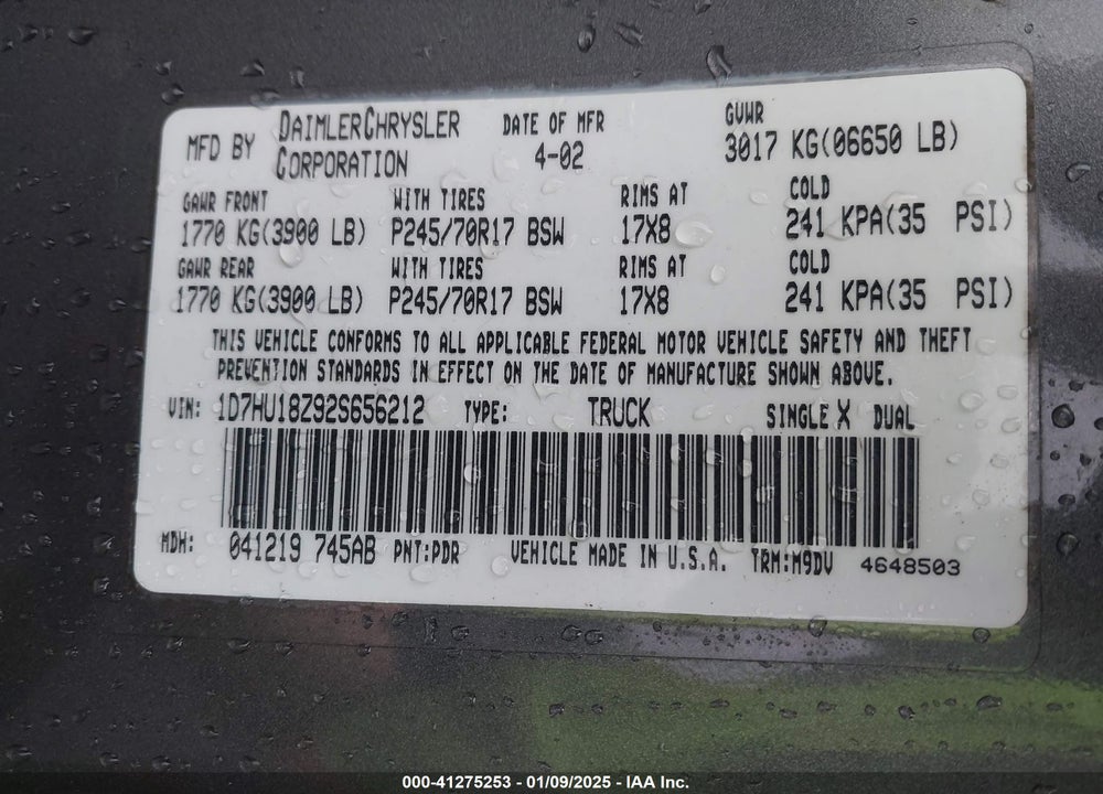 2002 DODGE RAM 1500 ST VIN: 1D7HU18Z92S656212
