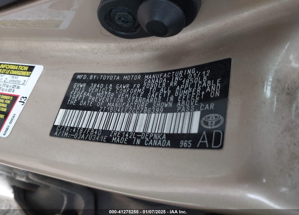 2012 TOYOTA COROLLA VIN: 2T1BU4EE2CC786399