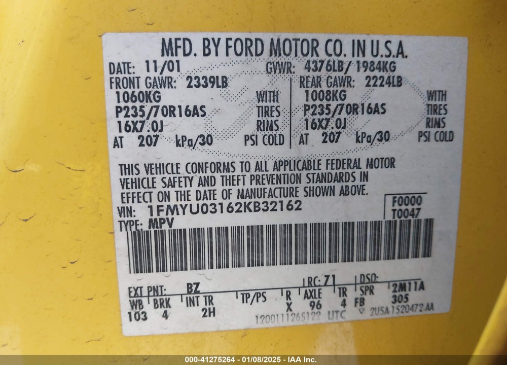 2002 FORD ESCAPE XLT VIN: 1FMYU03162KB32162