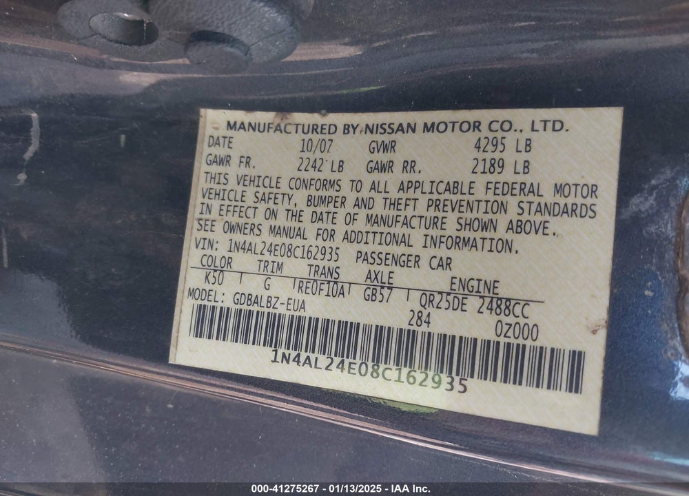 2008 NISSAN ALTIMA 2.5 S VIN: 1N4AL24E08C162935