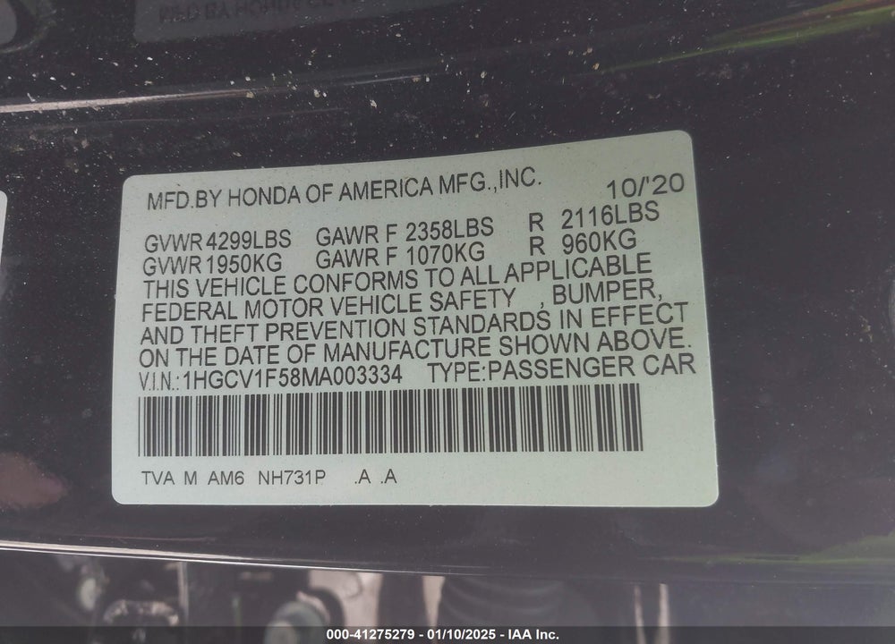 2021 HONDA ACCORD VIN: 1HGCV1F58MA003334
