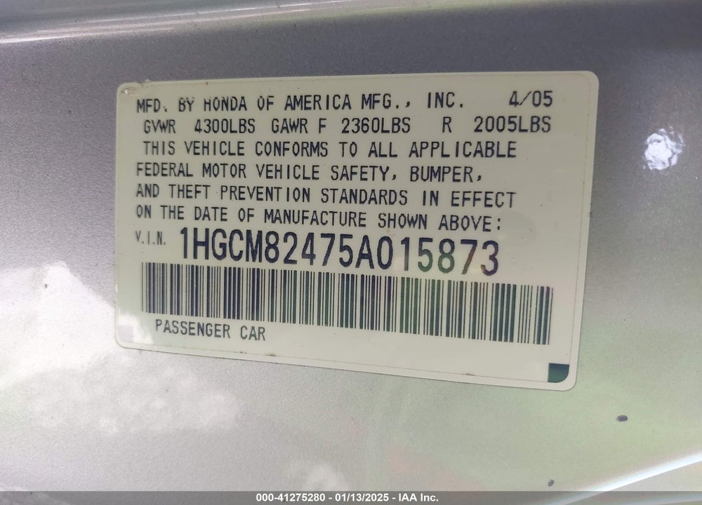 2005 HONDA ACCORD 3.0 LX SPECIAL EDITION VIN: 1HGCM82475A015873