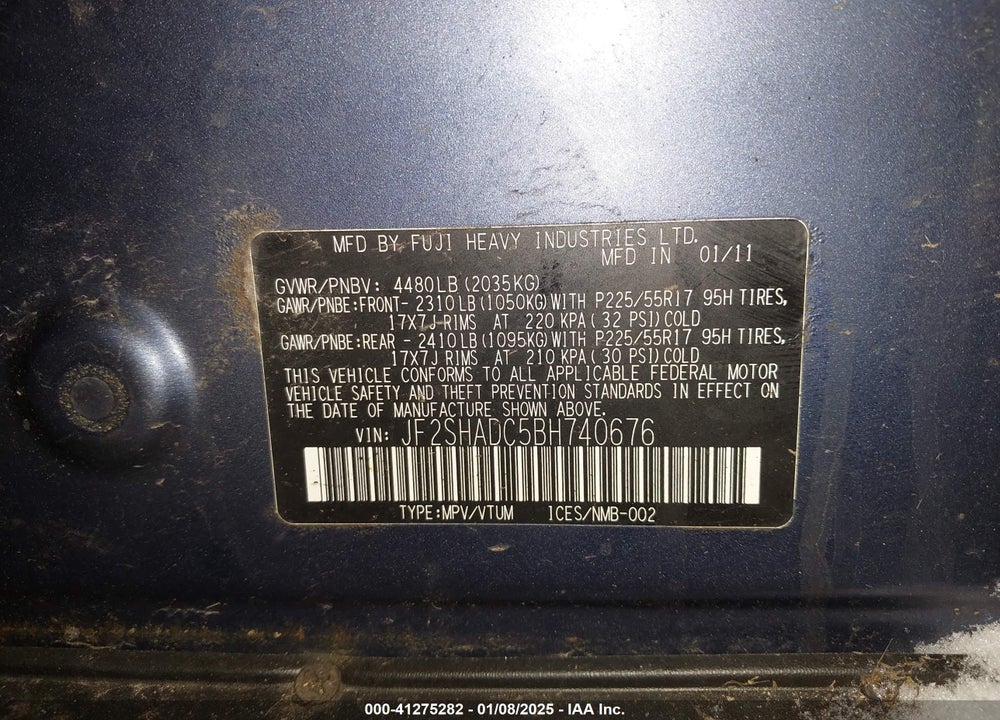 2011 SUBARU FORESTER 2.5X PREMIUM VIN: JF2SHADC5BH740676