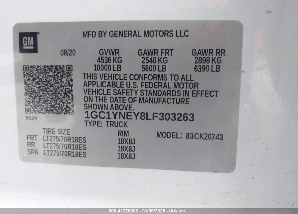 2020 CHEVROLET SILVERADO 2500HD VIN: 1GC1YNEY8LF303263