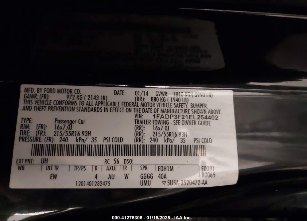 2014 FORD FOCUS VIN: 1FADP3F21EL254402