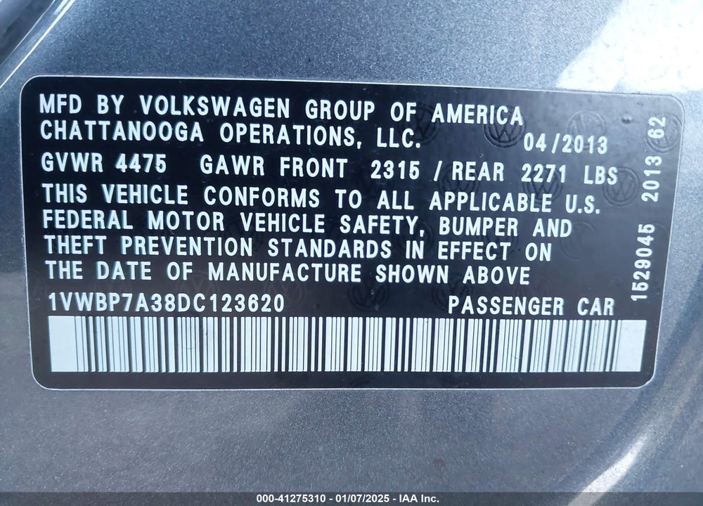 2013 VOLKSWAGEN PASSAT 2.5L SE VIN: 1VWBP7A38DC123620