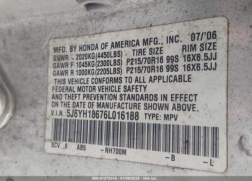 2006 HONDA ELEMENT EX VIN: 5J6YH18676L016188