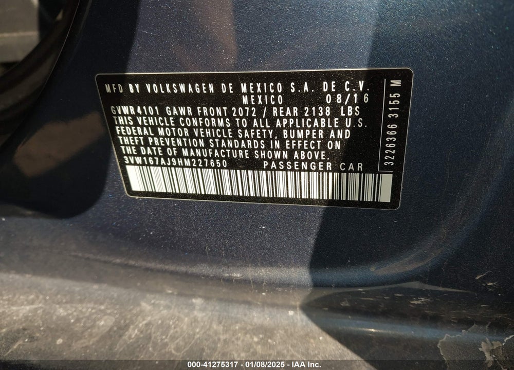 2017 VOLKSWAGEN JETTA VIN: 3VW167AJ9HM227650