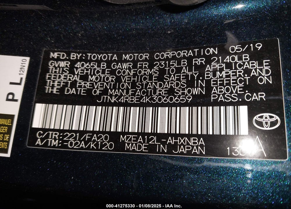 2019 TOYOTA COROLLA VIN: JTNK4RBE4K3060659