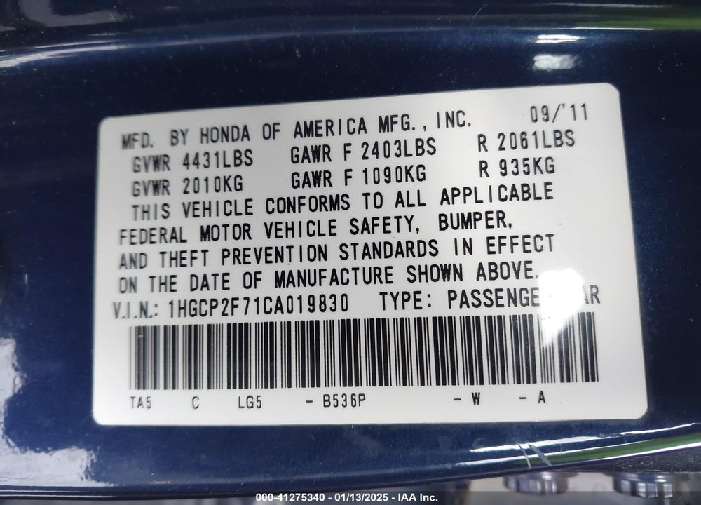 2012 HONDA ACCORD 2.4 EX VIN: 1HGCP2F71CA019830