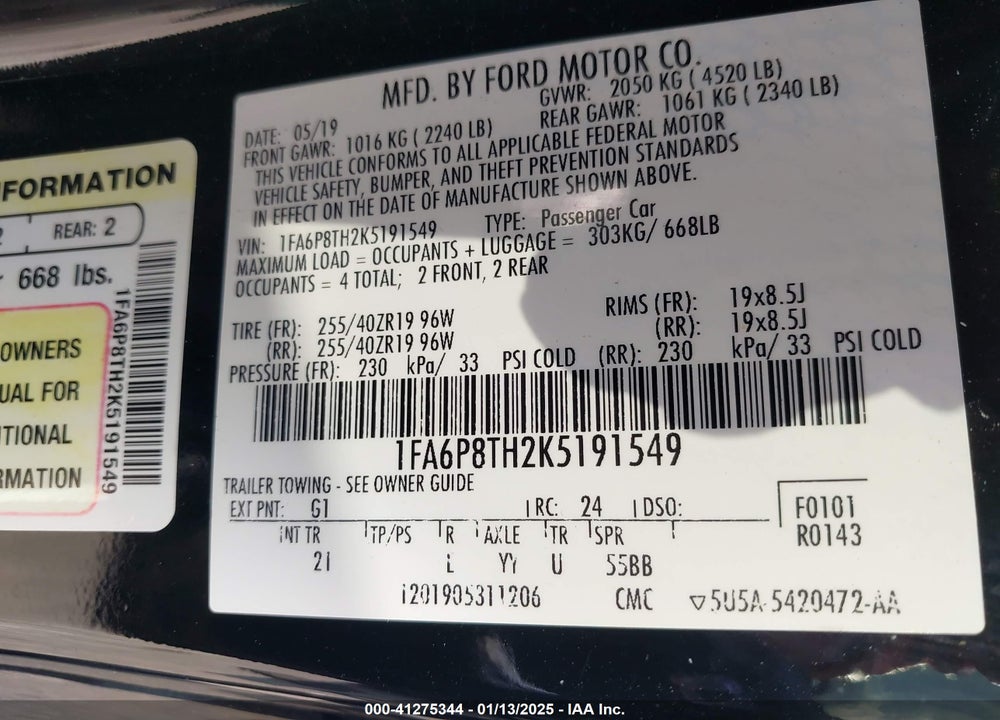 2019 FORD MUSTANG ECOBOOST VIN: 1FA6P8TH2K5191549