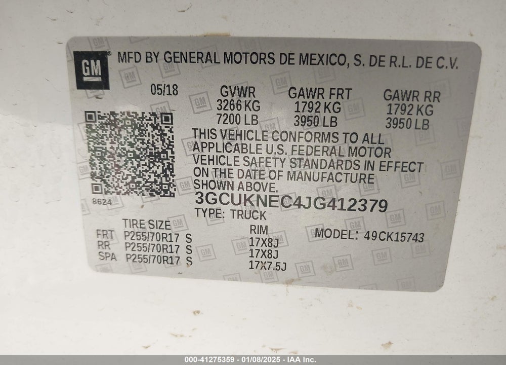 2018 CHEVROLET SILVERADO 1500 VIN: 3GCUKNEC4JG412379