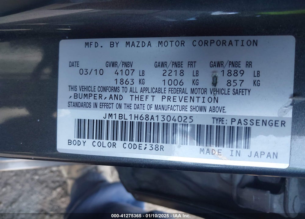 2010 MAZDA 3 S GRAND TOURING VIN: JM1BL1H68A1304025