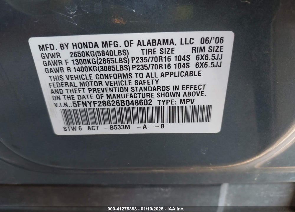 2006 HONDA PILOT EX-L VIN: 5FNYF28626B048602