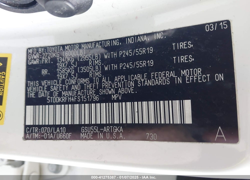 2015 TOYOTA HIGHLANDER LIMITED PLATINUM V6 VIN: 5TDDKRFH4FS151796