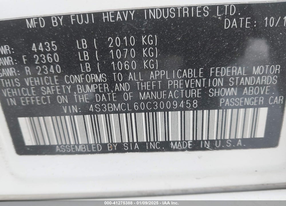2012 SUBARU LEGACY 2.5I LIMITED VIN: 4S3BMCL60C3009458