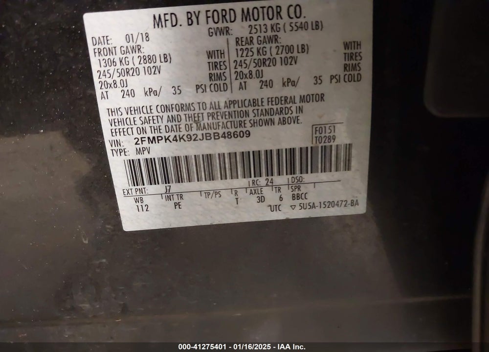 2018 FORD EDGE TITANIUM VIN: 2FMPK4K92JBB48609