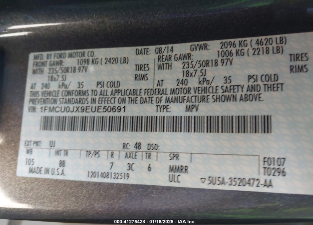 2014 FORD ESCAPE TITANIUM VIN: 1FMCU0JX9EUE50691