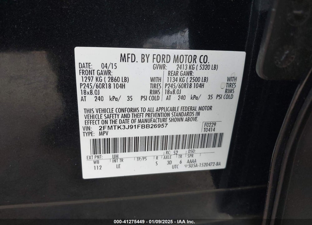 2015 FORD EDGE SEL VIN: 2FMTK3J91FBB26957