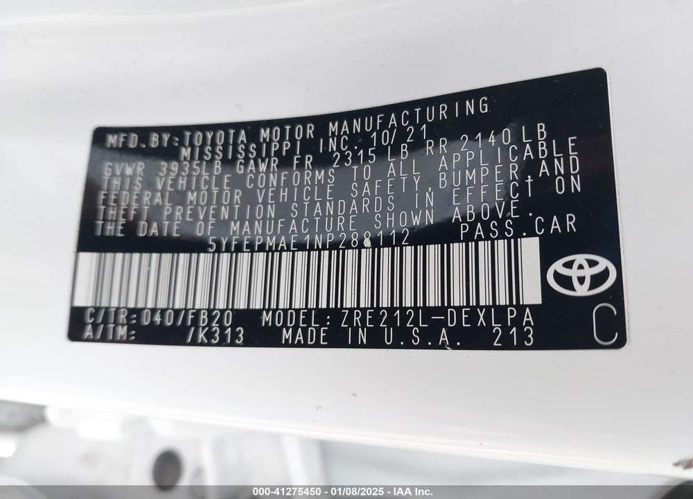 2022 TOYOTA COROLLA VIN: 5YFEPMAE1NP288112