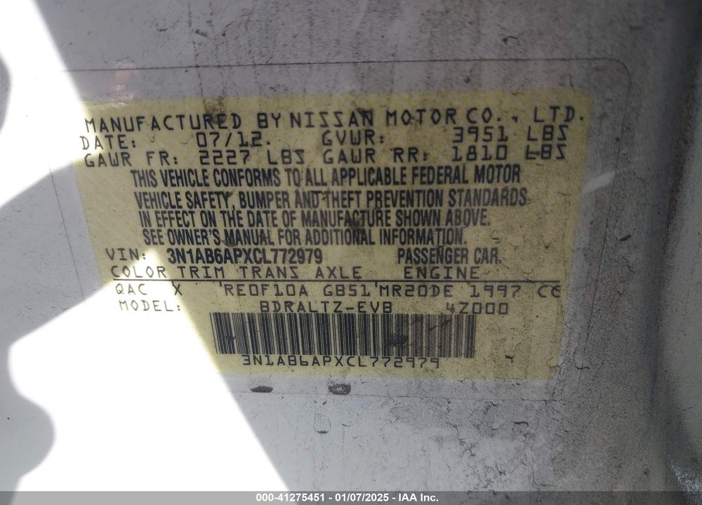 2012 NISSAN SENTRA VIN: 3N1AB6APXCL772979